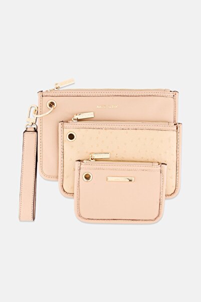 Anne Klein Women 3 Pcs Brand Logo Leather Trio Pouch Set, Tan