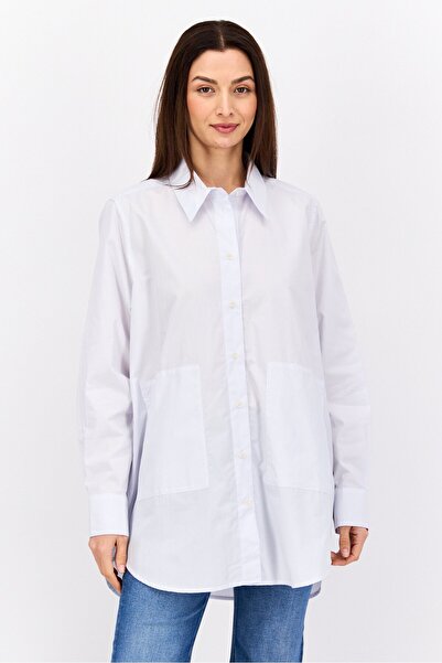 NAH/ Studio Women Pointed Collar Long Sleeves Plain Shirt, Light Sky