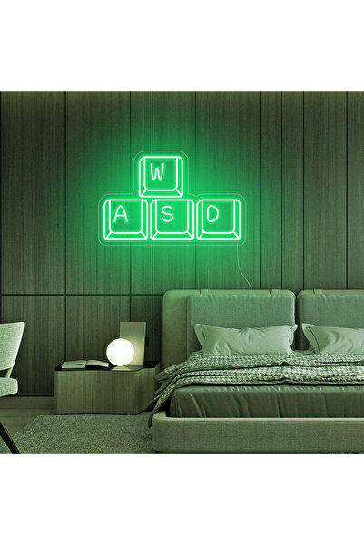 Slasa لوحة نيون خضراء اللون بتصميم WASD للاعبين، مقاس 32 × 42 سم، بقاعدة أكري...