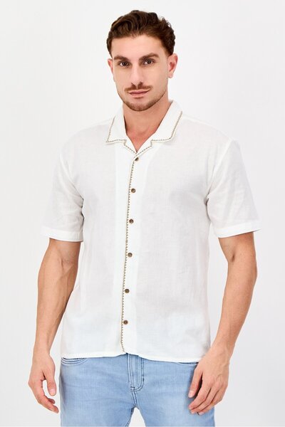 Threadbare Men Relaxed Fit Short Sleeve Causal Shirt, White