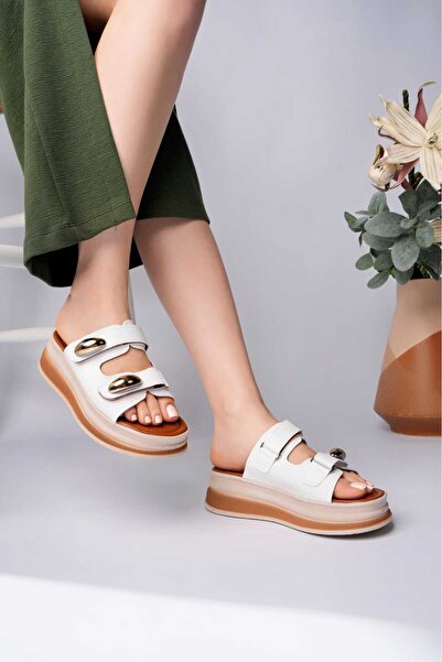 LEYDİ SHOES Maya Two Stripes Buckle Slippers