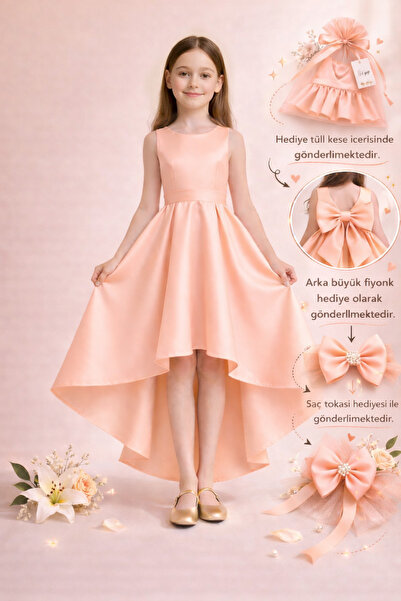 nsmkidslife Βραδινό φόρεμα για κορίτσια – Ασύμμετρη κοπή σε χρώμα σομόν, φόρε...