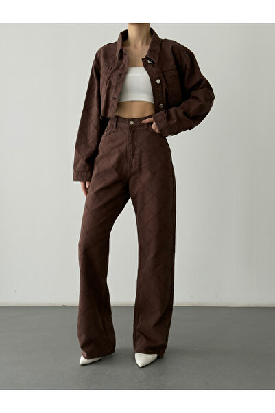 Quzu Diamond Patterned High Waist Wide-Leg Jeans Brown