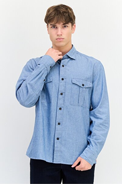 Thomas Pink Men Loose Fit Chambray Long Sleeves Casual Shirt, Washed Blue