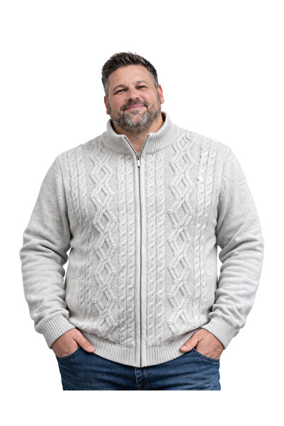 BattalModa Erkek Büyük Beden Gri Saç Örgü Desenli Fermuarlı Triko Ceket 3XL-4...