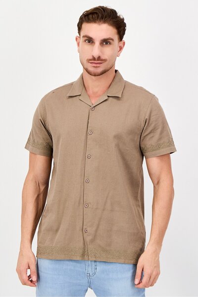 Threadbare Men Regular Fit Short Sleeve Embroidered Casual Shirt, Taupe