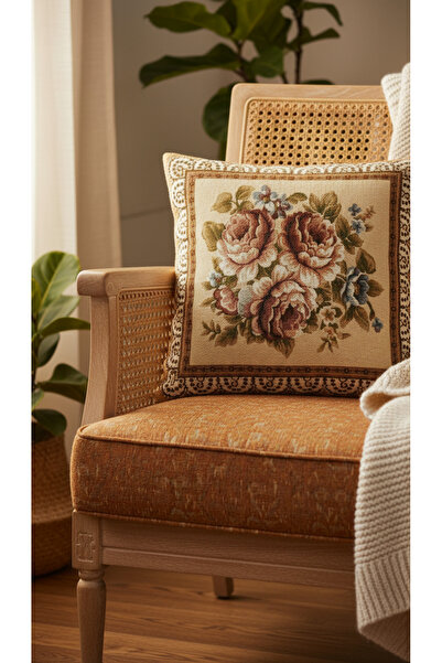 Tropikhome Vintage Çiçek Desenli Çift Taraflı Goblen Dokuma Kırlent Kılıfı 45...