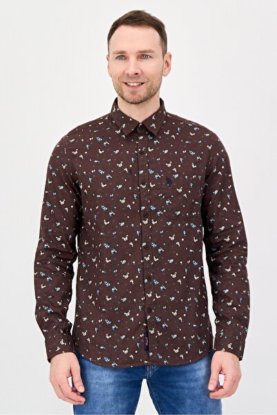 U.S. Polo Assn. Men Regular Fit Allover Print Long Sleeve Casual Shirt, Brown
