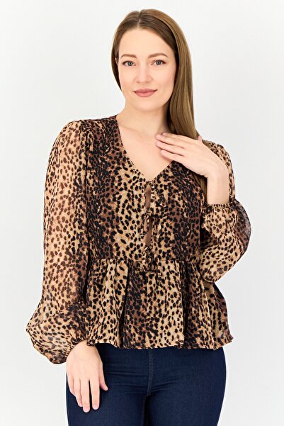 Threadbare Women Tie Neck Long Sleeve Animal Print Blouse, Multicolor