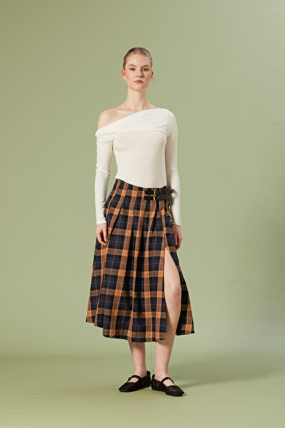 Nisan Belt Detailled Plaid Patterned Skirt