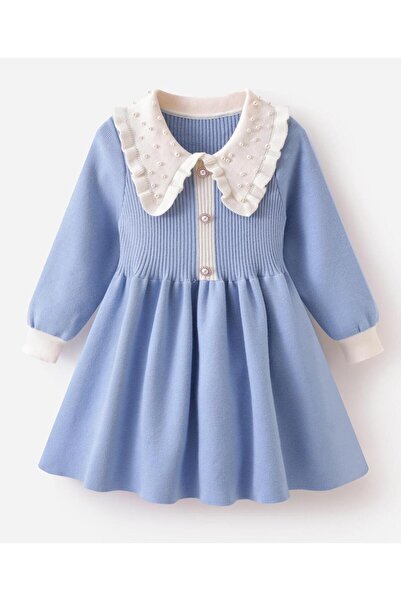 SAPS Pearl Embellished Collar Neck Full Sleeves Winter Frock - Blue