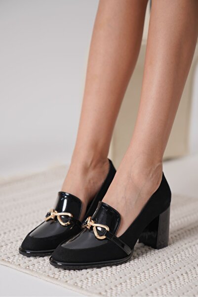 Generic Brand Black Patent Leather Suede Detailed Women's Heeled Shoes Tr18Ms10C