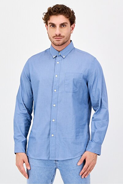 Chaps Men Stretch Fit Plain Long Sleeve Casual Shirt, Blue