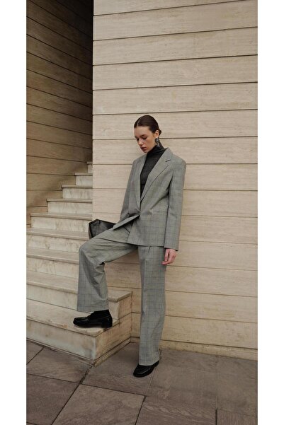 Beauty Omelette Gray Checked Wool Piece Blazer Jacket