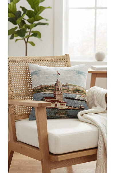 Tropikhome Kız Kulesi Desen Dokuma Çift Taraflı Goblen Kırlent Kılıfı 45x45 cm