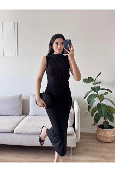 Zoom Butik Dik Yaka Drapeli Elbise - SİYAH