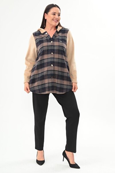 Metpoint Plus Mode Plaid Pattern Snap Button Pocket Detail Beige Coat