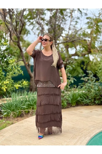 Punta Otantik NC7266 فستان إيطالي مزين بالترتر باللون البني حرير lbise