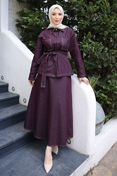 İmajButik Mürdüm Bel Kuşaklı Çift Cepli Ceket Etekli Takım