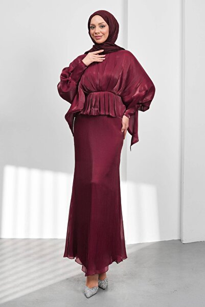 İmajButik Burgundy Bat Sleeve Layered Janjan Evening Dress