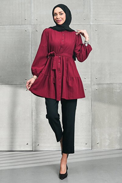 İmajButik Bordo Kol Lastikli Eteği Katlı Tunik