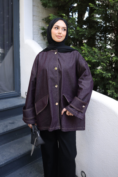 İmajButik Mürdüm Pocketed Buttoned Oversized Jacket