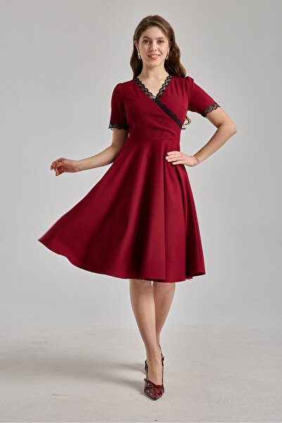 MAG FASHİON Short Sleeve Burgundy Plus Size Dress with Flared Skirt Lace Piec...