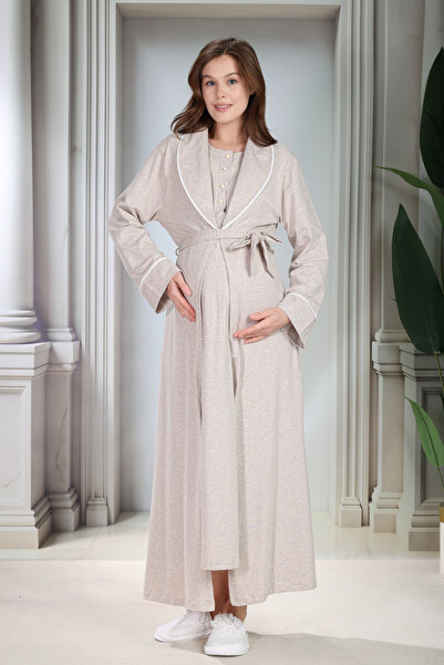 Lohussa طقم بيجامة للحوامل من New Season Beige Melange ياقة شال مع ميزة الرضا...