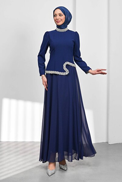İmajButik Cobalt Blue Asymmetrical Detailed Stoned Evening Dress