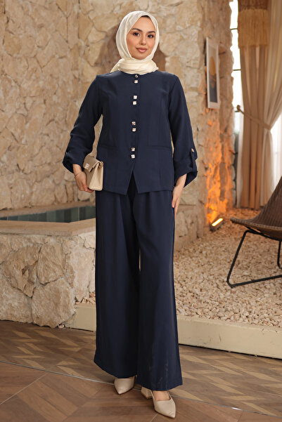 İmajButik Navy Blue Buttoned Jacket and Pants Set