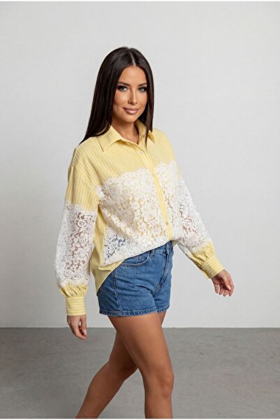 Noi Belis Striped Lace Detailed Woven Shirt Ss26Go0005