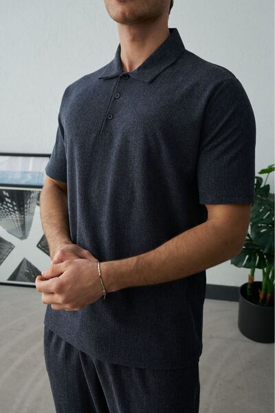 TÜZeMEN Textured Collared Buttoned Tshirt