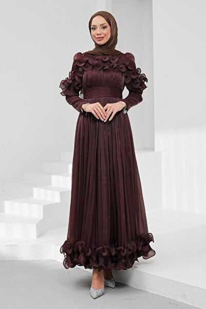İmajButik Mürdüm Yaka Ve Etek Ucu Fırfırlı Işıltılı Abiye
