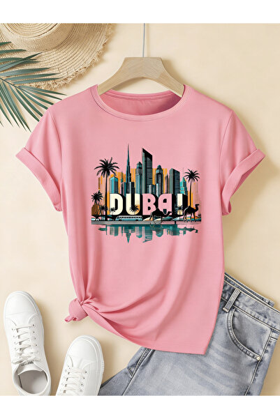 mercoledi Women's Dubai City Printed Crew Neck Regular Fit Oversized T-Shirt