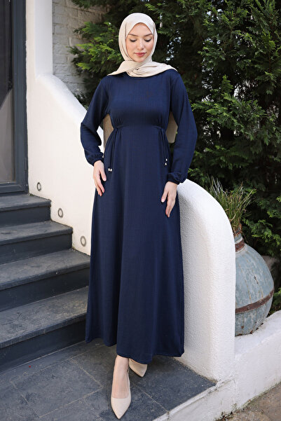 İmajButik Navy Blue Crew Neck Dress with Elastic Waist and Sleeves