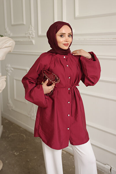 İmajButik Burgundy Balloon Sleeve Belted Shirt