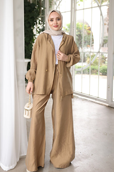 İmajButik Camel Hooded Wide-Leg Jacket and Pants Set