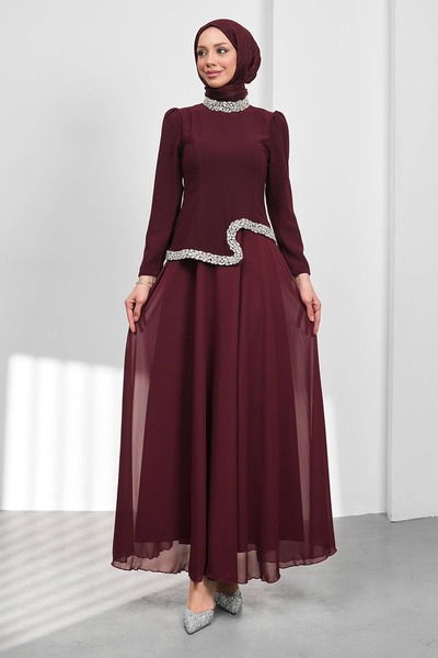 İmajButik Bordo Asimetrik Detaylı Taşlı Abiye