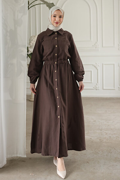 İmajButik Brown Buttoned Double Dress with Elastic Sleeves and Waist Pocketed