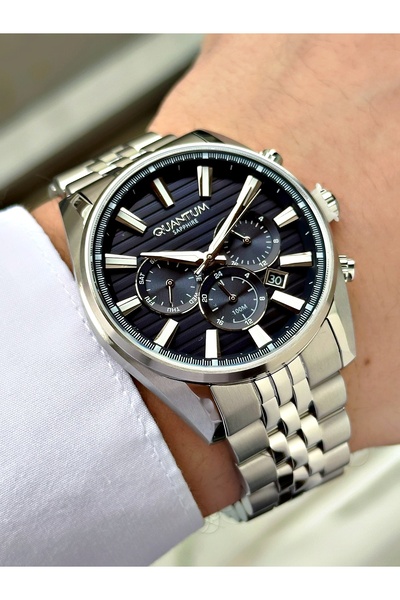 Quantum Functional Silver-Navy Blue Color Sapphire Glass Steel Band Steel Cas...