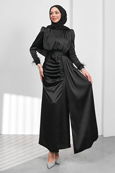 İmajButik Black Belt Piece Fish Model Satin Evening Dress with Draped Front