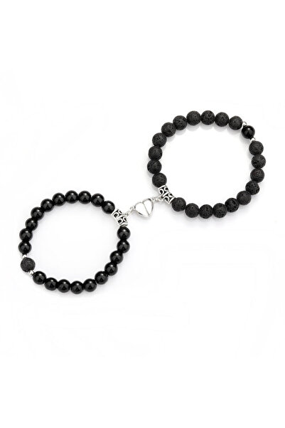 EFAYN.RO Set of 2 couple bracelets with heart magnet, semi-precious stone, bl...