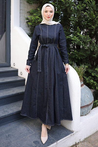 İmajButik Navy Blue Crew Neck Belted Denim Dress