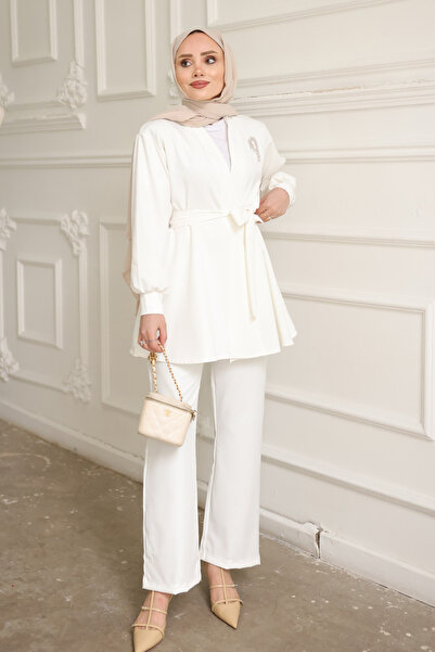 İmajButik White Collared Tunic with Bronchial Detail and Trousers Set