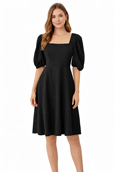 WOMEN Black midi dress with puff sleeves and square neckline