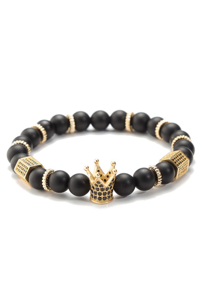 EFAYN.RO Semi-precious stone bracelet with zircon crown pendant, unisex, blac...