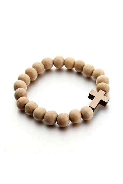 EFAYN.RO Wooden bracelet with cross pendant, handmade, cream, EFAYN, unisex