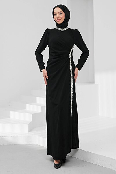İmajButik Black Draped Front Evening Dress with Stones