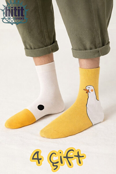 Hitit Socks Unisex 4 Pairs Duck Head Patterned Socks Duck Patterned Long Sock...