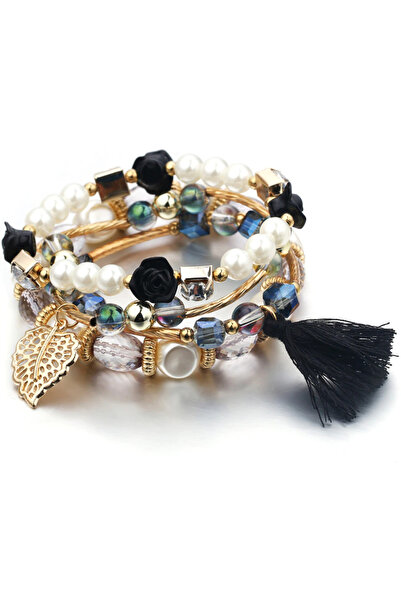 EFAYN.RO Set of 4 women's bracelets, bohemian, beads, roses, leaf, made of re...